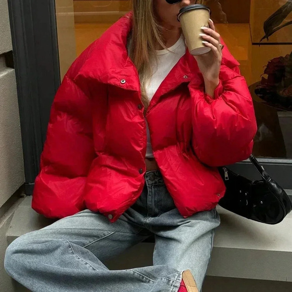 Red Casual Women's Big Lapel Padded Jacket - Picture 6 of 9